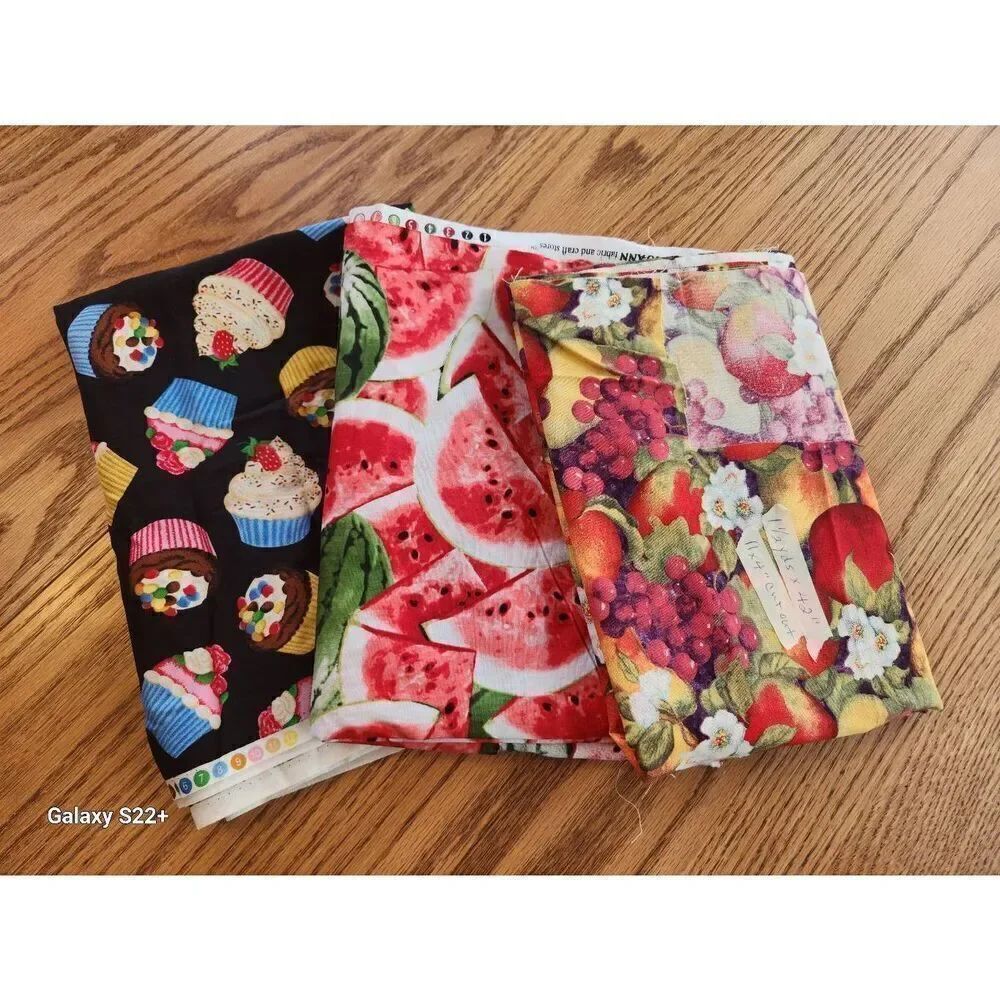 Three cotton fabrics Cupcakes, watermelons and fruit For quilts crafts sewing
